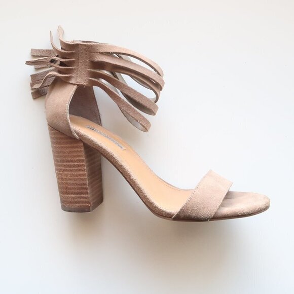 BCBGeneration Cydney Fringe Trimmed Taupe Suede Sandals Block Heels Women Size 6 - Picture 10 of 16